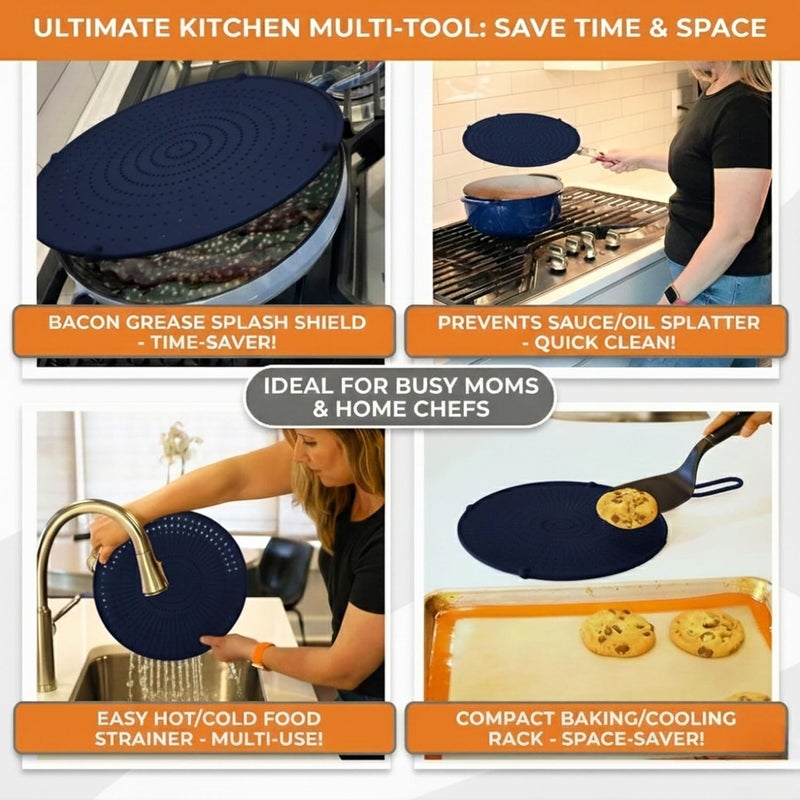 Allumerous Store Silicone Splatter Screen for Frying Pan | Navy 13" | No More Oil Splatters | Long Compact Foldable Handle w/Sleeves, Heat-Resistant, Dishwasher-Safe | Fits 10-12" Pans, Works with Most 13" Skillets - Image 3